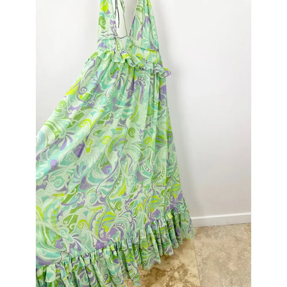 Mango Maxi Dress Chiffon Printed Ruffle Resort Boho Green A Line Medium NWT - Picture 16 of 16